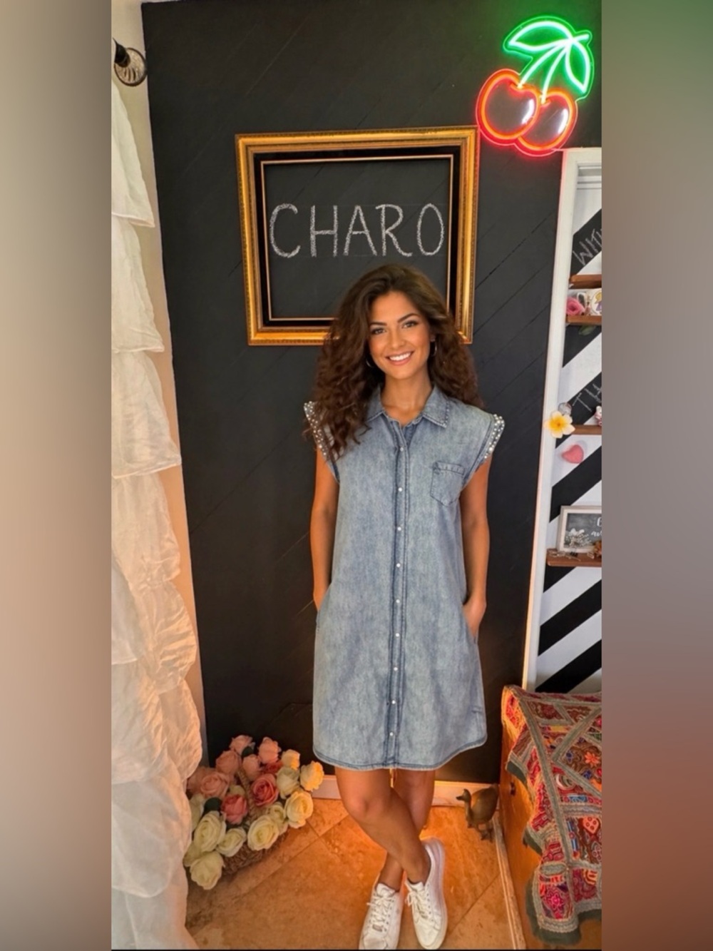 Calzedonia Corey Acid Wash Denim Shirtdress with Pearl Beaded Shoulders